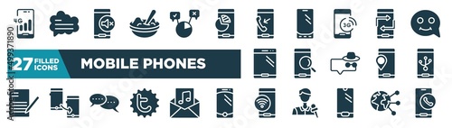 set of mobile phones icons in filled style. glyph web icons such as 4g phone connection, mashed potato, outgoing call, retweet arrows couple, searching by phone, electric port connection, chat