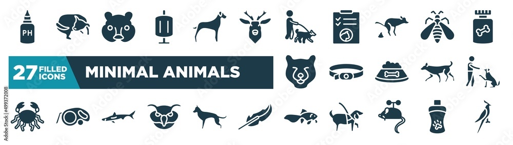set of minimal animals icons in filled style. glyph web icons such as ph test, sponge filter, dog walker, big wasp, dog collar, man and dog, big shark, gold fish editable vector.