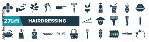 set of hairdressing icons in filled style. glyph web icons such as band aid, hair style, underwear, remover, asian, eyebrow pencil, nail polish remover, make editable vector.