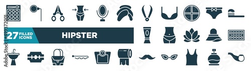 set of hipster icons in filled style. glyph web icons such as shadow, waist, pluck, underclo, bellybutton, paints, purse, moustaches editable vector.