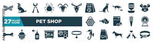 set of pet shop icons in filled style. glyph web icons such as jerky treats, big mite, cat food, water replenisher, conch, hamster wheel, spray, sea horse editable vector.