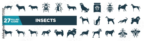 set of insects icons in filled style. glyph web icons such as dog smelling dog, pyrrhocoridae, pug, malamute, egyptian cat, bichon frise, bullmastiff, bernese mountain editable vector.