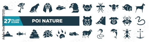 set of poi nature icons in filled style. glyph web icons such as sitting mouse, bas hound dog head, koala head, angry dog, boar head, earth worm, pile of dung, black sheep editable vector.