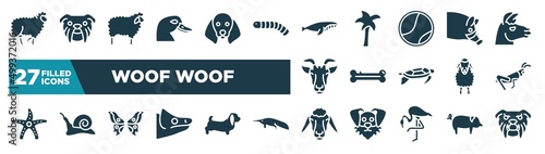 set of woof woof icons in filled style. glyph web icons such as sheep with curly wool, duck head, whale swimming, hog head, dog bone, grasshopper sitting, butterfly wings, sheep head editable