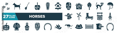 set of horses icons in filled style. glyph web icons such as birds group, caramelized, zombie, black cat, pinwheel, gnome, poison, dog shitting editable vector.