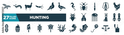 set of hunting icons in filled style. glyph web icons such as chrysalid, squid, seahorse, oil lamp, cicada, flippers, , shrimp editable vector.