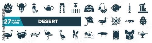 set of desert icons in filled style. glyph web icons such as pearl, teapot, jaima tent, syringe, duck, oak leaf, tortoise, sun editable vector.