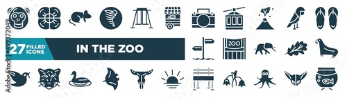 set of in the zoo icons in filled style. glyph web icons such as orangutan, tornado, animal aid, parrot, zoo, sea lion, swan, bench editable vector.