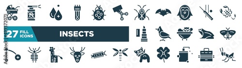 set of insects icons in filled style. glyph web icons such as stroller, anti flea, hydrotherapy, hair clipper, ladybug editable vector.