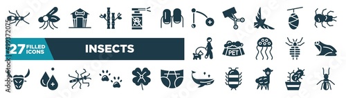 set of insects icons in filled style. glyph web icons such as earwig, bamboo, branch, cocoon, pet bowl, frog, mantis, whale editable vector.