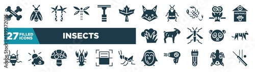set of insects icons in filled style. glyph web icons such as bones, dragon fly, fox, owl, goat, tiger, mushroom, penguin editable vector.