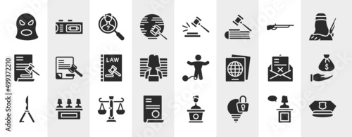 law and justice filled icons set. editable glyph icons such as balaclava, international law, shotgun, legal paper, guilty, bribery, business law, intellectual property vector.