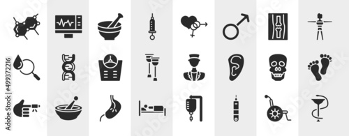 medical icons filled icons set. editable glyph icons such as biology shape, syringe with medicine, x ray of bones, dna sequence, medical doctor, human feet shape, esophagus, health thermometer © VectorStockDesign