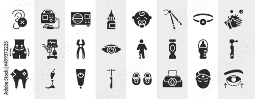 plastic surgery filled icons set. editable glyph icons such as impaired, drop medicine, head mirror, ventilator, prosthetic, dental drill, baby cream, doctor briefcase vector.