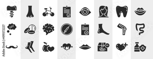 medicine and health filled icons set. editable glyph icons such as dentist tooth with metallic root, note on a clipboard, tooth, drugs capsules and pills, positive verified, large intestine, healthy