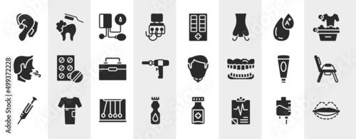 plastic surgery filled icons set. editable glyph icons such as hearing aid, dialysis, type a, antibiotic, chin, potty, momentum, medical results vector.