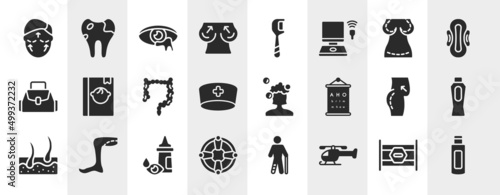 baby filled icons set. editable glyph icons such as aesthetic, boobs, augmentation, baby book, hair wash, baby powder, eye drop, chopper vector.