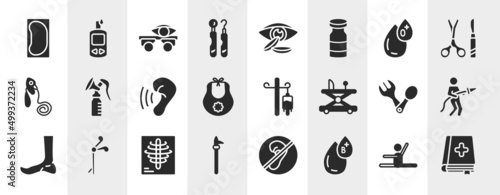 medicine filled icons set. editable glyph icons such as bedpan, dental hook, type 0, breast pump, drip, fireman, x rays, type b vector.