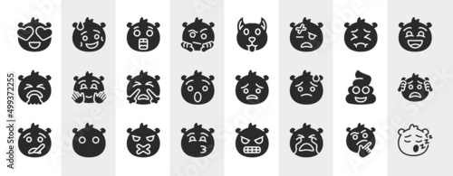 emoji filled icons set. editable glyph icons such as in love emoji, suspect emoji, pensive happy pouting worried silent crying vector.