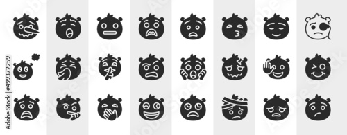 emoji filled icons set. editable glyph icons such as lying emoji, surprise emoji, calm sneezing shocked smile hand over mouth with head-bandage vector.