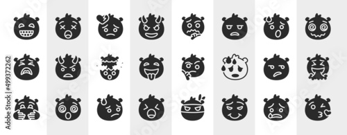 emoji filled icons set. editable glyph icons such as grinning emoji, smiling with horns emoji, exhausted angry with horns wondering vomit embarrassed proud vector.