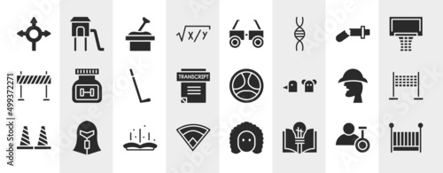 university filled icons set. editable glyph icons such as roundabout, equation, damaged, supplement, driving, finish line, tale, theory vector.
