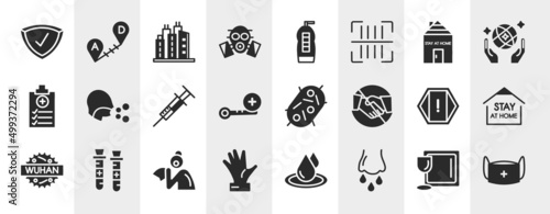 filled icons set. editable glyph icons such as protected, respirator, stayhome, cough, bacteria, stay home, sneeze, runny e vector.