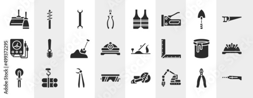 carpentry diy tools filled icons set. editable glyph icons such as two spatulas, nippers, garden trowel, toilet brush, plane controls, iron helmet, forceps, trucking vector.