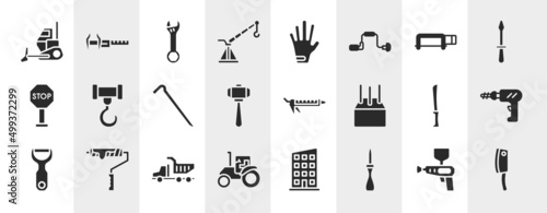 cutting tool filled icons set. editable glyph icons such as bulldozing, davit, hacksaw with handle, crane hook, sealant, perforator, tipper truck, wood lino cutter vector.