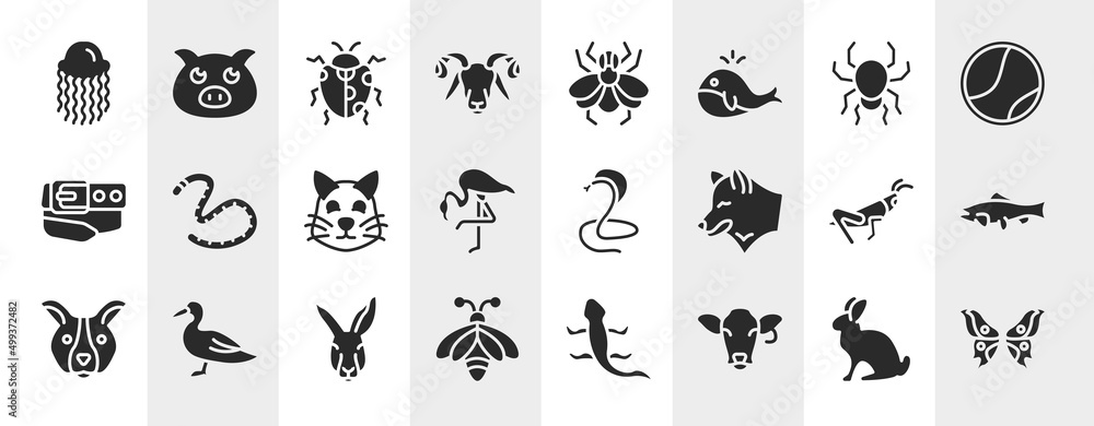 Fototapeta premium free animals filled icons set. editable glyph icons such as swimming jellyfish, ram, poisonous spider, earth worm, poisonous cobra, big salmon, kangaroo head, cow head vector.