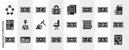 blockchain filled icons set. editable glyph icons such as random, private key, swiss franc, clerk, shekel, denarius, manat, guilder vector.