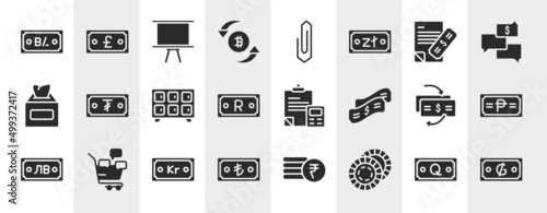currency filled icons set. editable glyph icons such as balboa, trading, bank statement, tugrik, formula, philippine peso, krone, poker chip vector.