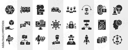 marketing & seo filled icons set. editable glyph icons such as jigsaws, real state, biometric, good communication, encrypted, time mind, brilliant, launching vector.