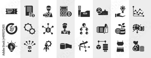 money management filled icons set. editable glyph icons such as coupons, calculate, rewards, optimization, aorithm, outcome, workplace, data mining vector.