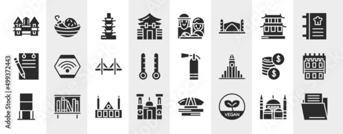 office elements filled icons set. editable glyph icons such as holstentor, memorial hall, hall of supreme harmony, wifi connection, extinguishing, white tower of thessaloniki, chartres cathedral,