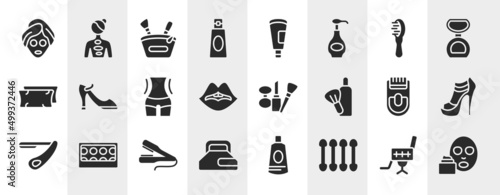 beautiful filled icons set. editable glyph icons such as beauty face mask, shampoo bottle, inclined hairbrush, high heel shoe, cosmetic tools, high heel, flat iron, cotton swabs vector.