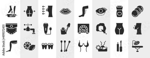plastic surgery filled icons set. editable glyph icons such as soak, lip, epilator, faucet, burner, nipple, braces, aroma vector.