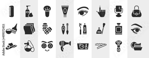beauty salon filled icons set. editable glyph icons such as men comb, anti aging cream, makeup mirror, cleaning wipes, toothbrush and toothpaste, eye make up, cucumber slices on face, bobby pins