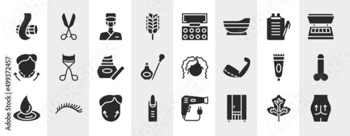 plastic surgery filled icons set. editable glyph icons such as curl, birch whisk, medical report, eyelashes curler, curling hair, , genioplasty, infrared vector.