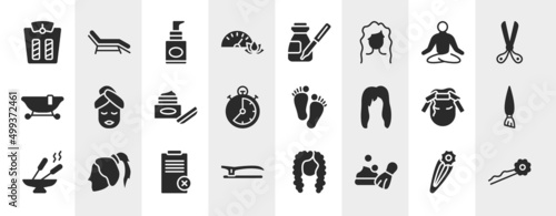 hairdressing and barber filled icons set. editable glyph icons such as weighing, pressure, lotus position, face mask, barefoot, angle brush, disclaimer, shaving foam vector.