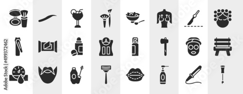 sauna filled icons set. editable glyph icons such as blush, brushes, scalpel, wet wipes, hair spray, wooden chair, mascara, cleansing vector.
