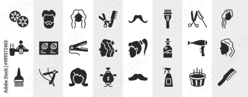 hairdressing and barber filled icons set. editable glyph icons such as cucumber, scissors and comb, scissor and comb, hair color sample, female head, woman head side view, woman hair, hair salon