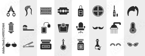 beauty filled icons set. editable glyph icons such as nail scissors, razorblade, concealer, brushing, salon chair, avocado, hair cream, olive oil vector.