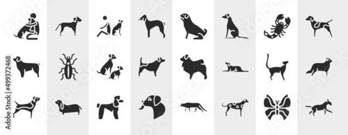 dog breeds heads filled icons set. editable glyph icons such as hughing dog, bedlington terrier, scorpio, golden ground beetle, tibetan mastiff, bernese mountain, poodle, dalmatian vector. © VectorStockDesign