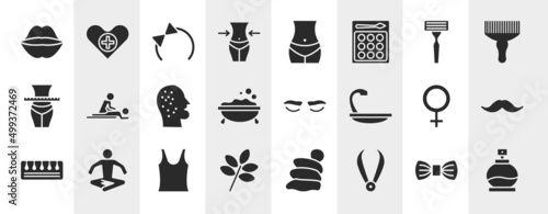 beauty filled icons set. editable glyph icons such as kiss, waist, shaving razor, massages, lashes, moustaches, tank top, pluck vector.