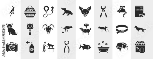 pet shop filled icons set. editable glyph icons such as nymphicus hollandicus, dog playing, toy mouse, grooming brush, pet disease, german shepherd, dog and veterinarian, pets bath vector. © VectorStockDesign