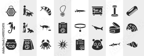 minimal animals filled icons set. editable glyph icons such as cat box, rope toy, scratching platform, man dog and stick, collar, parrot head, big crab, panda bear head vector.