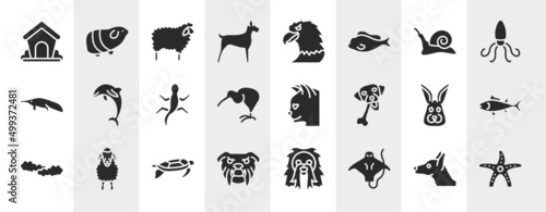 free animals filled icons set. editable glyph icons such as dog kennel, big dog, snail going left, jumping dolphin, cat head, big tuna, swimming turtle, stingray with long tail vector. © VectorStockDesign