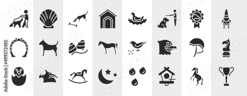 horses filled icons set. editable glyph icons such as dog and a man, dog and pets house, horse races badge, plain dog, bird eating seeds, horse head chess piece, rocker horse, birds house vector. © VectorStockDesign