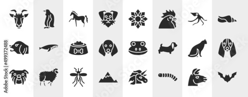 poi nature filled icons set. editable glyph icons such as goat head, funny dog head, wild octopus, whale swimming, frog head, bas hound dog big mosquito, silkworm vector. © VectorStockDesign